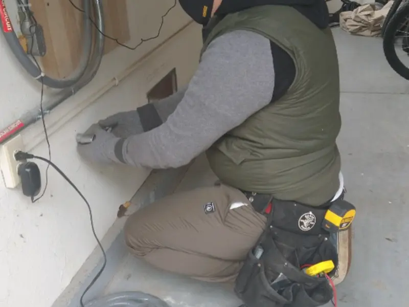 Electrician performing outlet wiring in a Spencer garage